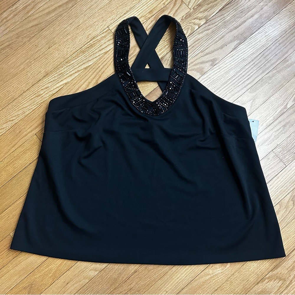 NWT Lane Bryant Black Jeweled Halter V-Neck Cross Back Tank/Blouse Size 22/24